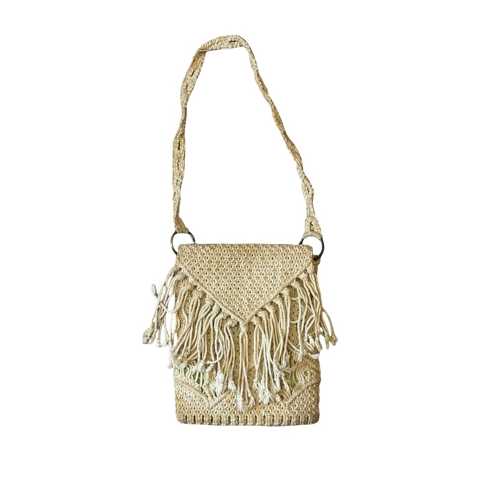 Vintage Macrame Fringe Crossbody Bag Cream Boho Woven Festival‎ Purse Small